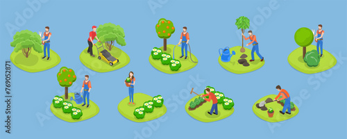 3D Isometric Flat Vector Set of Garden Tools And People, Landscape Designers and Farming Equipment