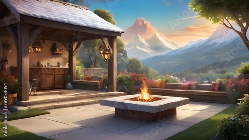 illustration vignette of a cozy outdoor space with elements such as a fire pit, pergola, and garden bed against the backdrop of a snowy mountain view and romantic sky colors. ai generated photo