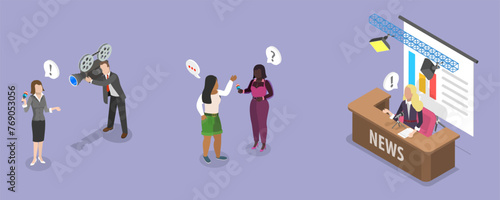 3D Isometric Flat Vector Illustration of Mass Media, Interview and Media Event