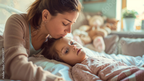 Portrait of a mother and daughter lying ill at home in bed. AI.