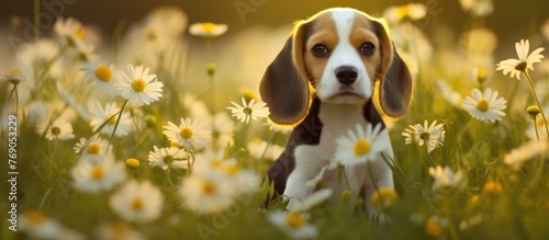 A Basset Hound puppy, a member of the Sporting Group dog breed and a carnivore, is sitting in a field of daisies with its snout sniffing the flowers, surrounded by grass