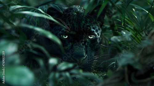 Stealthy panther prowling through the dense undergrowth of the jungle