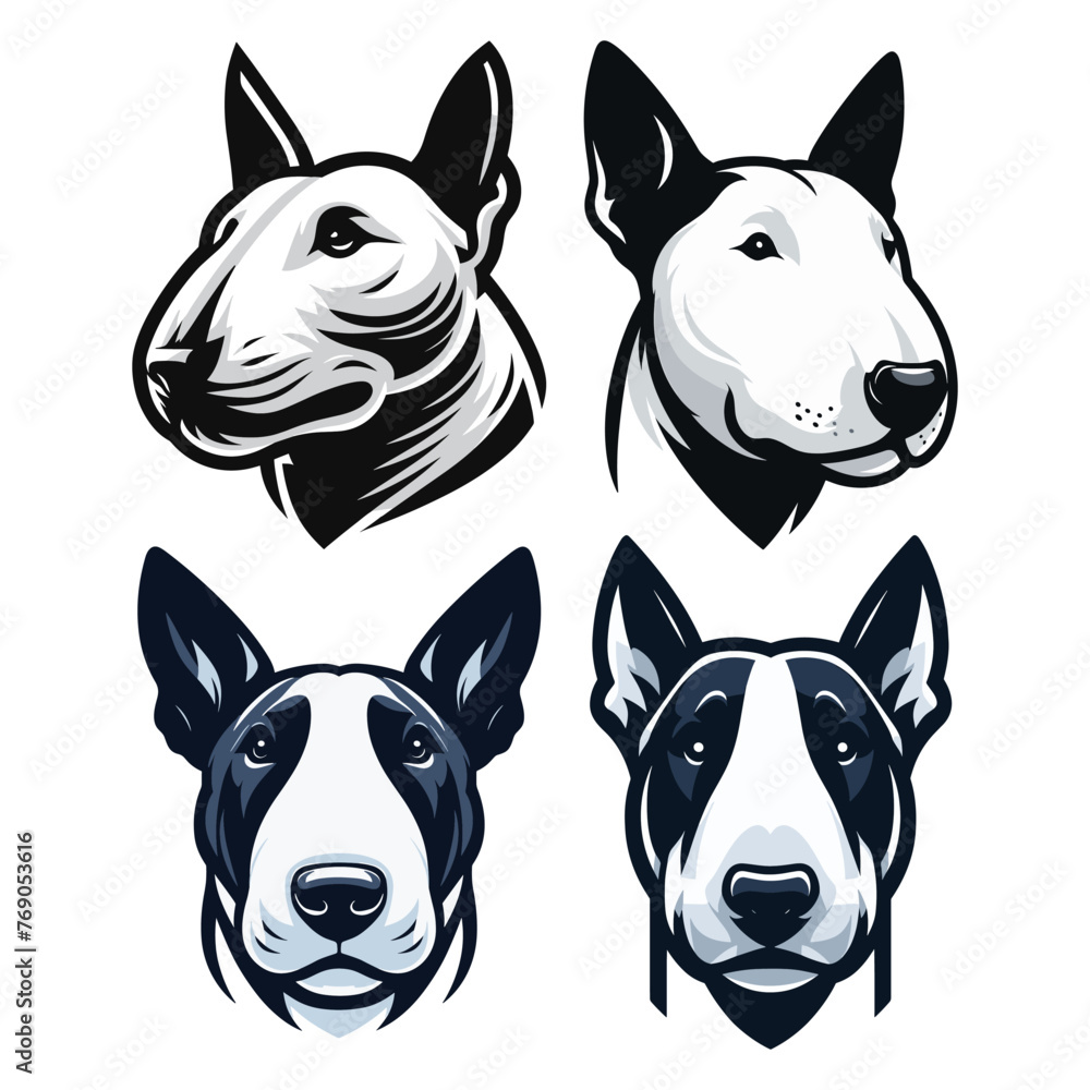 Bull terrier dog head face design illustration, cute adorable funny pet animal, dog head concept vector template isolated on white background Bull terrier dog head face design illustration, cute adorable funny pet animal, dog head concept vector template isolated on white background