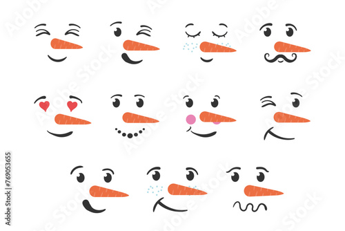 Set of funny snowman faces isolated on a white background. Cartoon funny doodle snowman head face with different emotions. Winter holidays, Christmas and New Year. Vector illustration
