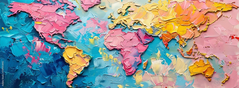 Colorful Textured World Map in Abstract Painting Style
