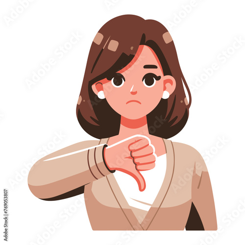 Woman showing thumbs down vector illustration, unhappy girl gesturing disapproval sign, dislike, disagreement, negative expression. design template isolated on white background