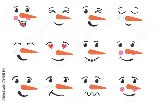 Set of funny snowman faces isolated on a white background. Cartoon funny doodle snowman head face with different emotions. Winter holidays, Christmas and New Year. Vector illustration