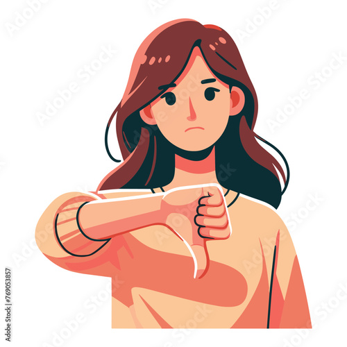 Woman showing thumbs down design illustration, unhappy girl gesturing dislike, disapproval sign, negative expression, disagreement. vector template isolated on white background