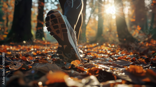 A pair of running shoes on a forest trail, dappled sunlight filtering through the leaves, AI generated photo