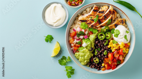 A bowl of grilled chicken with rice, black beans and corn, guacamole, pico de gallo, lime dressing and sour cream on the side, AI generated