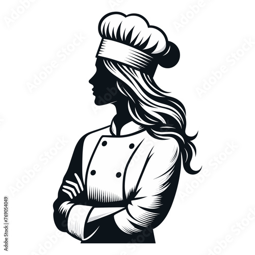 Beautiful woman chef mascot logo design illustration, restaurant business concept, female character with hat and chef uniform, vector template isolated on white background