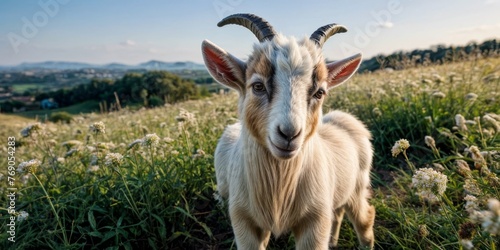  A close-up of a goat in a field of grass  surrounded by hills  trees  and a blue sky