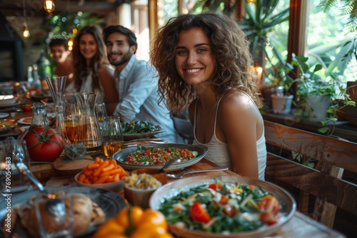 A young  curly-haired woman smiles at the camera while enjoying a meal with friends at a caf  