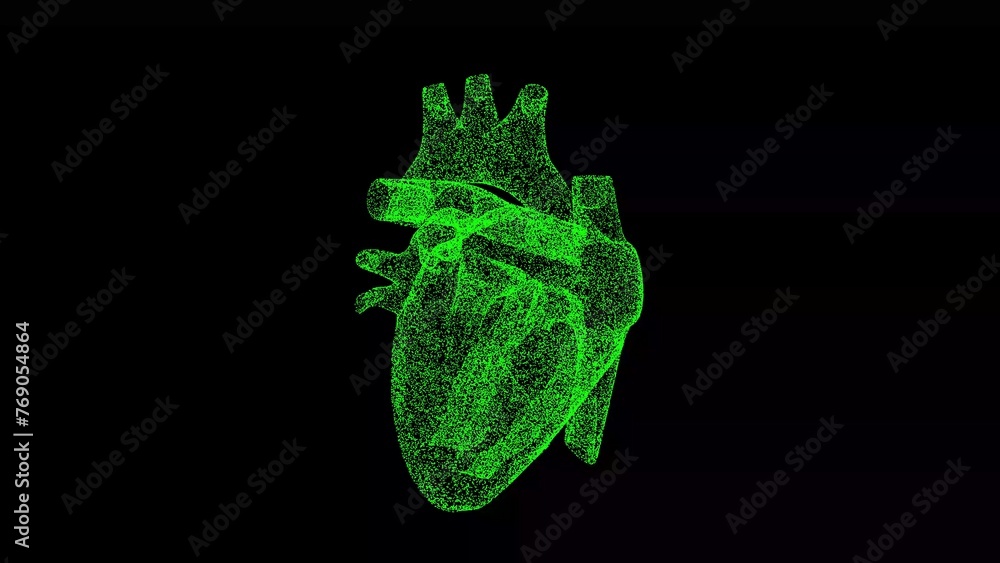 Obraz premium 3D Half a Heart on black background. Medical concept. Circulatory system. Business advertising backdrop. For title, text, presentation. 3d animation