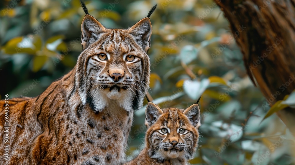 Fototapeta premium Male lynx and cub portrait with text space on left, balanced by object on right side