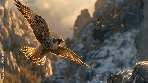 Swift falcon diving through the crisp mountain air in search of prey