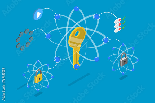 3D Isometric Flat Vector Illustration of Quantum Cryptography , Advanced Technologies for Data Security