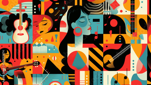 A colorful illustration of music icons and girls  in the style of geometric forms and patterns  AI generated