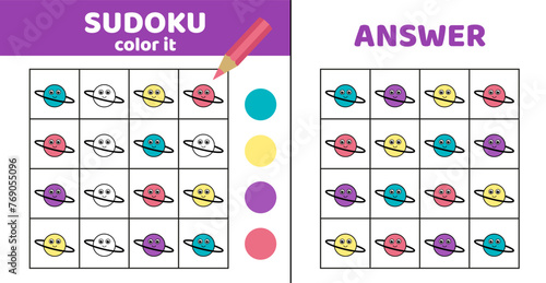 Sudoku with Saturn. Coloring sudoku with saturn. Cartoon