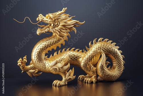 a gold dragon statue on a black surface
