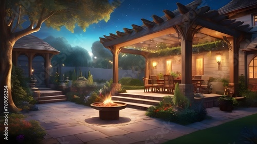 sketch illustration of a comfortable outdoor space with elements such as a fire pit, pergola, and garden bed in a romantic sky color. ai generated photo