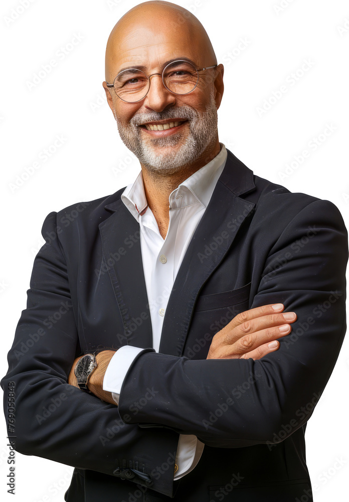 A bald businessman in a suit and tie is smiling, cut out transparent A bald businessman in a suit and tie is smiling, cut out transparent
