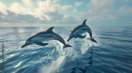 Two playful dolphins leaping gracefully above the water © Muhammad