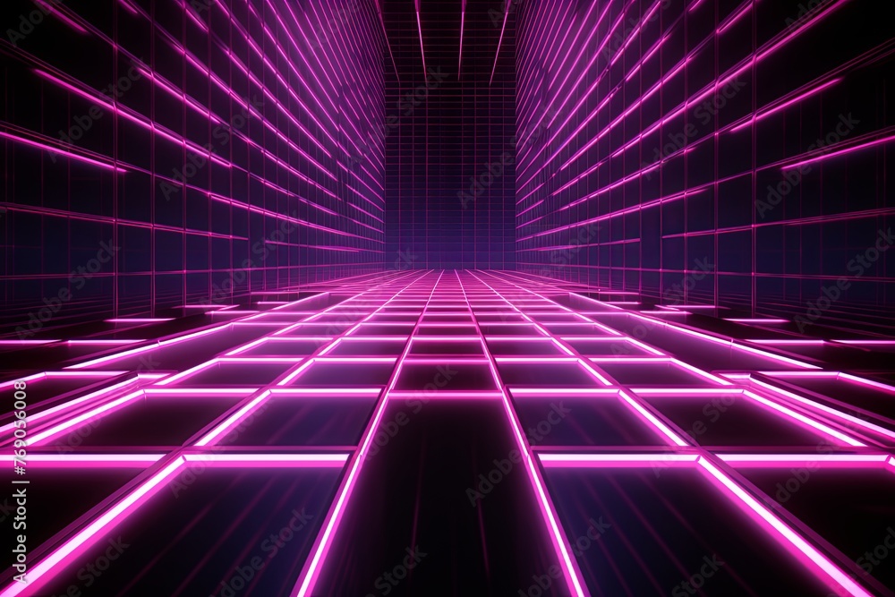 grid thin magenta lines with a dark background in perspective - obrazy, fototapety, plakaty 