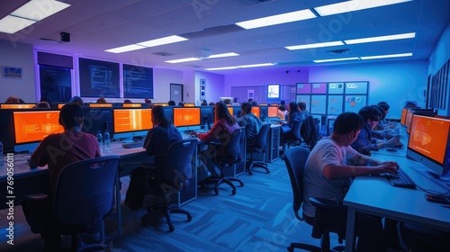 A group of people is sharing a computer lab in a building, sitting in front of computer monitors and using peripherals like keyboards on a table. AIG41