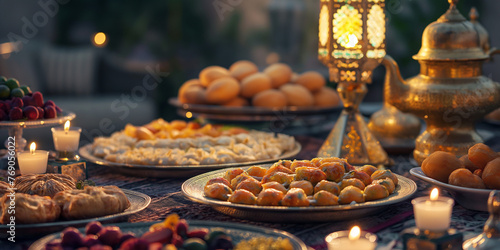 A table with traditional Middle Eastern cuisine and sweets for Ramadan iftars, marking the end of fasting. Eid Mubarak celebration with an evening meal photo