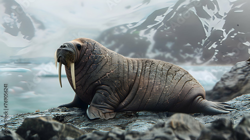 Walrus basking on a rocky shore in the Arctic