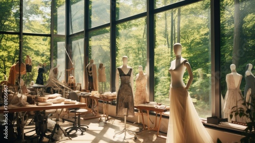 interior of the fashion designer studio is a personal room with various sewing items, fabrics, and mannequins. photo