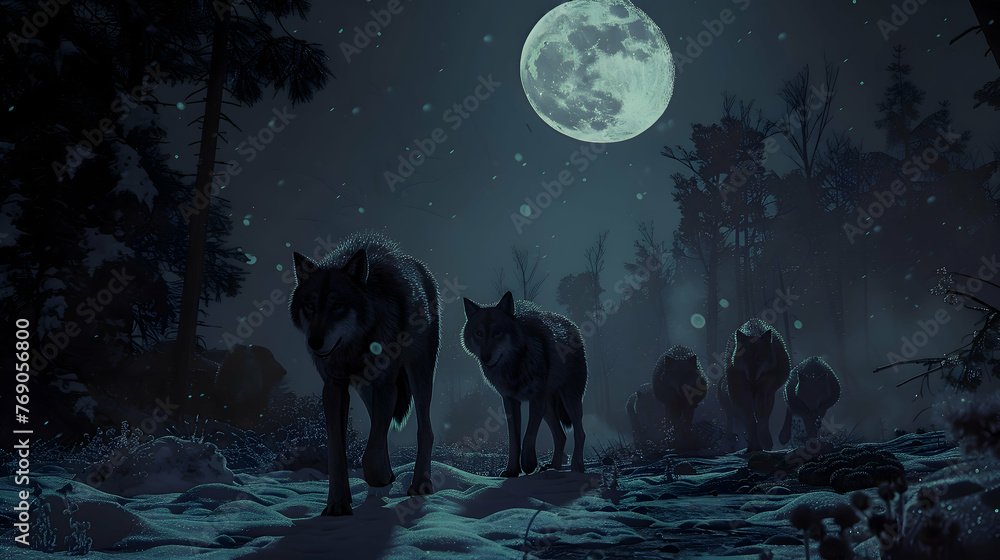 Wolf pack on the prowl under the moonlight Wolf pack on the prowl under the moonlight