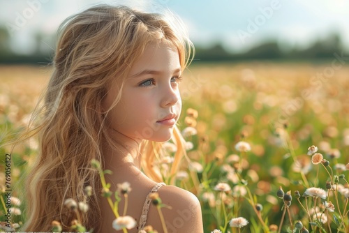 A young girl looks pensively with wind in her hair standing in a field of flowers photo