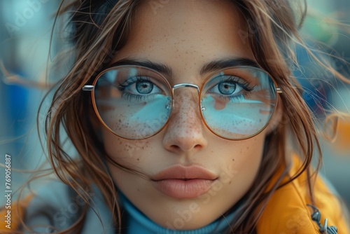 Close-up of a young brunette woman with freckles wearing glasses, her gaze piercing through the lens