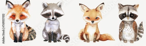 Watercolor cute hand drawn baby woodland animals clip art, 4 animals isolated on white background, nursery style, raccoon, fox, deer with antlers and owl, neutral pastel colors.