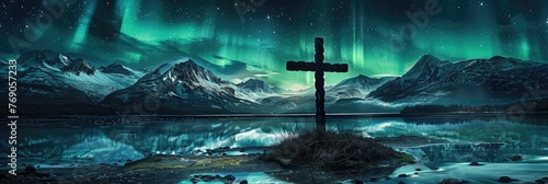 Cross silhouetted against a vibrant northern lights show - A vibrant northern lights display provides a dramatic backdrop to the silhouette of a cross by a tranquil mountain lake at night
