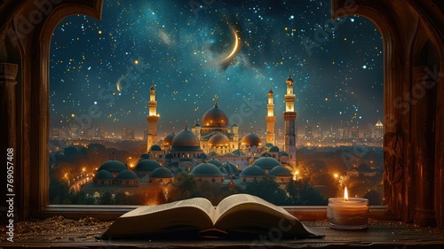 Enchanting Mosque View under Cosmic Skies - This image captures a mysterious mosque under a star-filled sky that conjures feelings of wonder