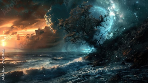 Wallpaper Mural Fantastical seascape with cosmic sky - An epic depiction of a turbulent sea under a surreal cosmic sky with celestial bodies and a solitary tree Torontodigital.ca