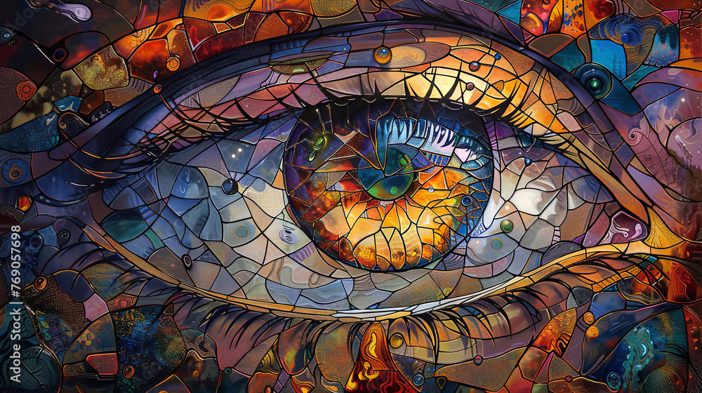 Obraz premium A close-up of a human eye portrayed in a colorful mosaic art style, depicting intricate patterns and vivid hues.