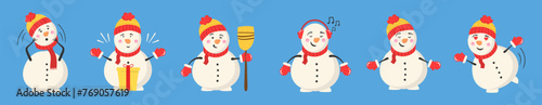 Snowman collection for Christmas and winter. Cheerful snowmen in different costumes. Set of characters cartoon in flat design. Vector illustration