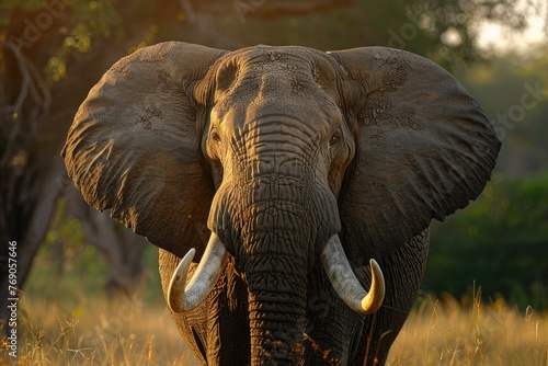 Imposing elephant showcasing its tusks - Close-up of a majestic elephant  its detailed skin textures highlighted by the glimmering sunset