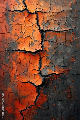 Detailed view of a cracked wall with peeling orange paint
