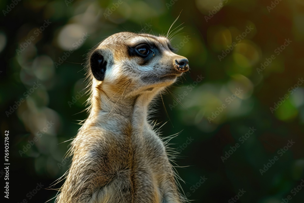 Fototapeta premium Meerkat standing alert in natural setting - An attentive meerkat stands on guard, its eyes watchful and body poised in a serene natural background