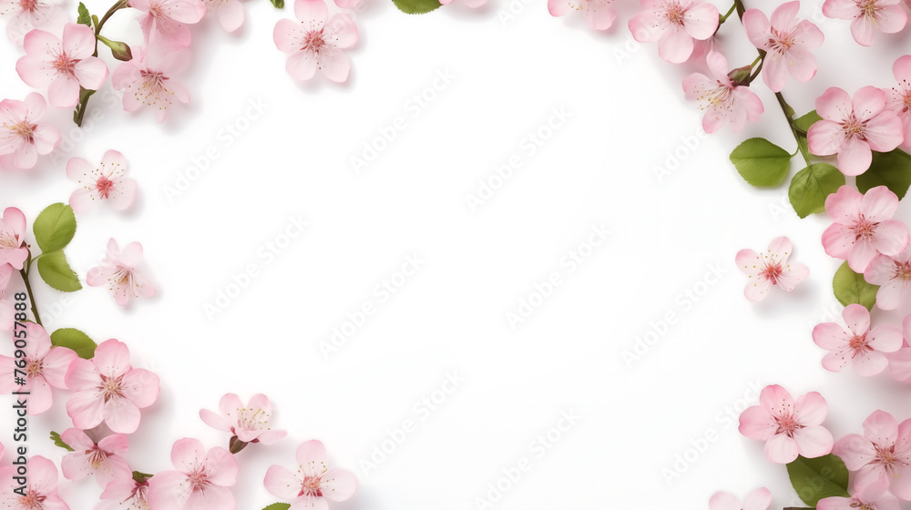 Cherry tree spring blossom, tree branches with beautiful flowers on white background, banner design for Hello Spring text