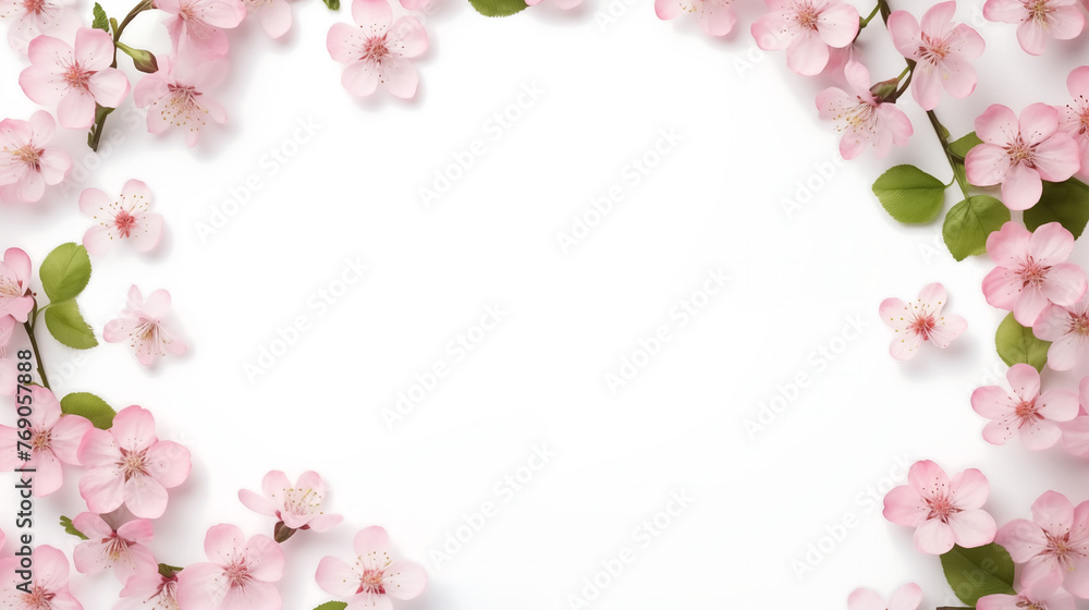 Cherry tree spring blossom, tree branches with beautiful flowers on white background, banner design for Hello Spring text Cherry tree spring blossom, tree branches with beautiful flowers on white background, banner design for Hello Spring text