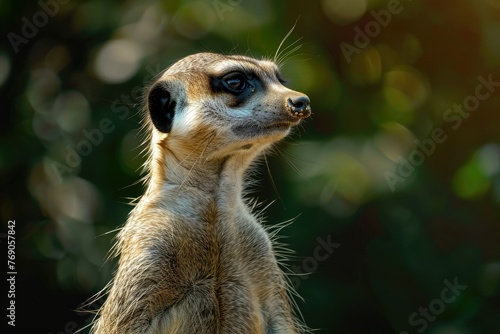Meerkat standing alert in natural setting - An attentive meerkat stands on guard, its eyes watchful and body poised in a serene natural background © Tida