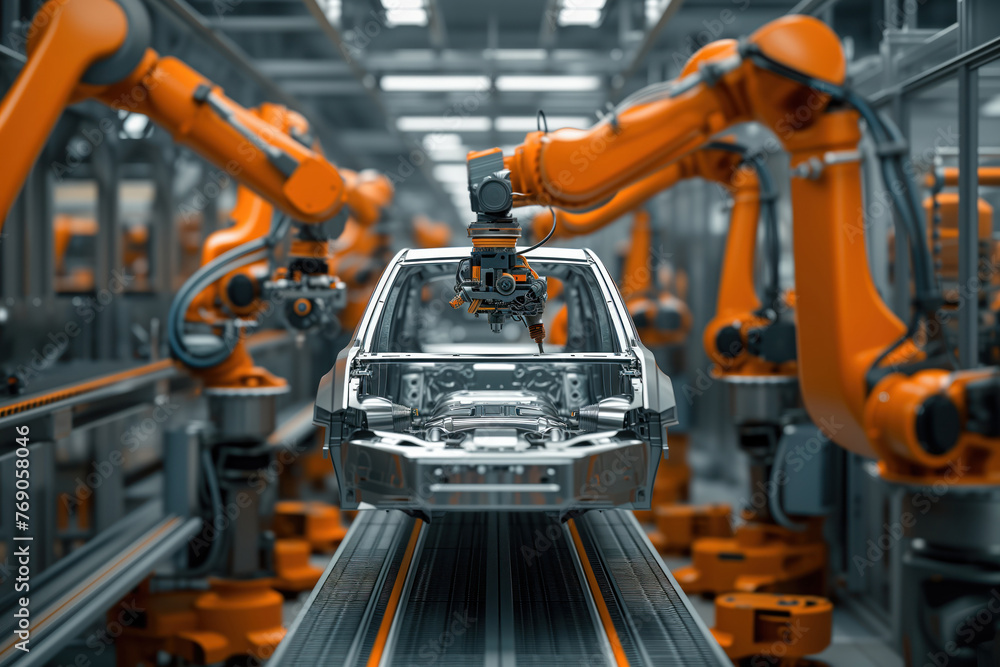 Assembling cars on an automobile production line that uses high tech robots is common practice in auto industry AI Generative