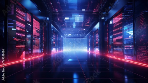 Futuristic Data Center with Glowing Neon Lights and Server Racks