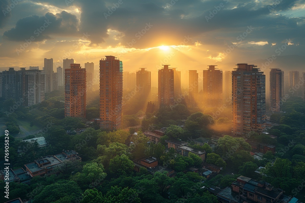 A radiant sunrise peeks through mist over a city skyline surrounded by abundant greenery, illuminating the buildings